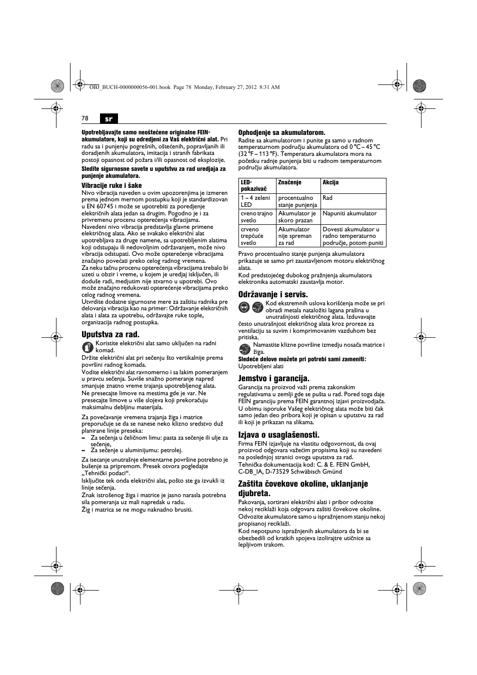 Uputstva za rad, Održavanje i servis, Jemstvo i garancija | Izjava o usaglašenosti, Zaštita čovekove okoline, uklanjanje djubreta | Fein ABLK 1.6 User Manual | Page 78 / 127