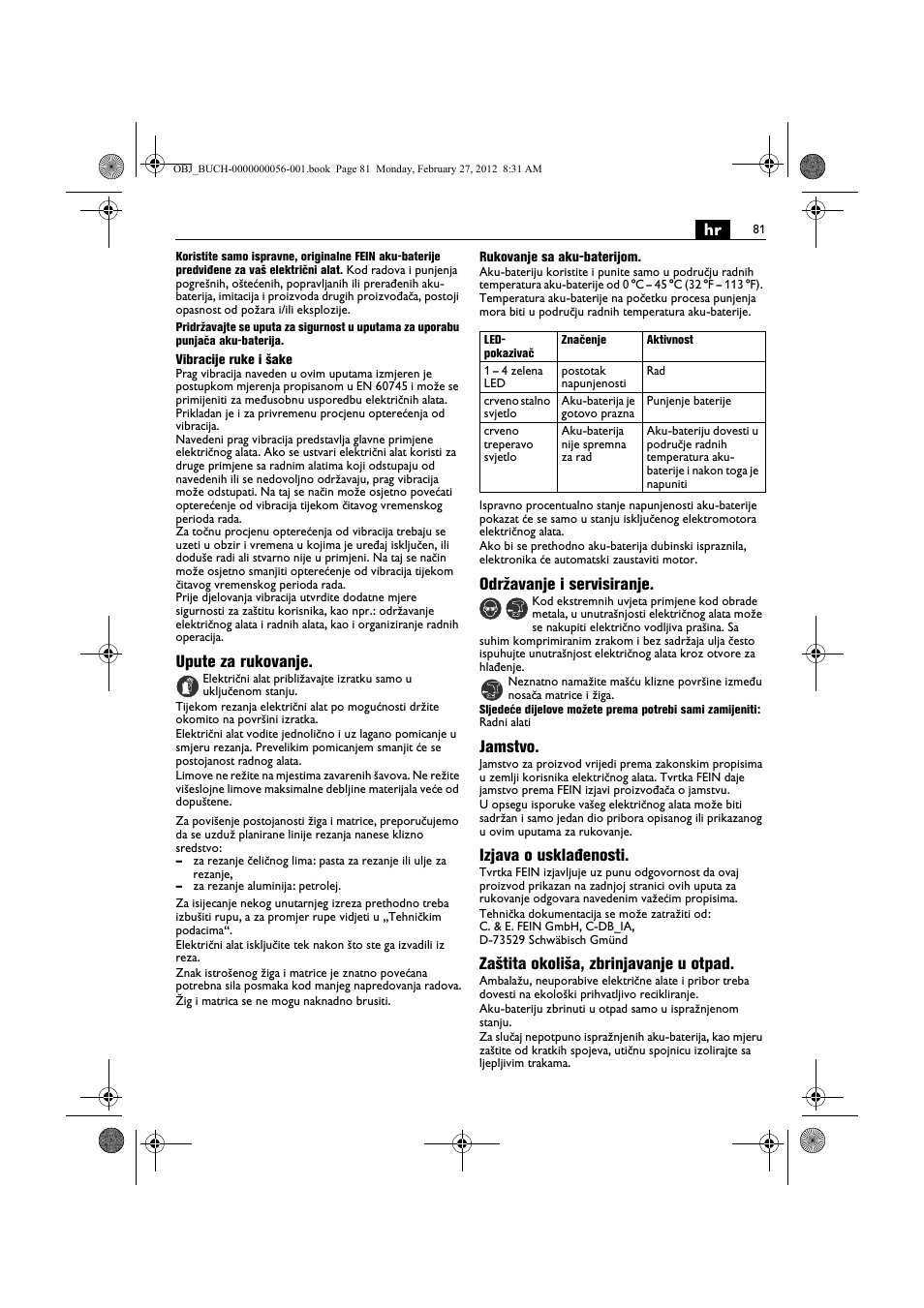 Upute za rukovanje, Održavanje i servisiranje, Jamstvo | Izjava o usklađenosti, Zaštita okoliša, zbrinjavanje u otpad | Fein ABLK 1.6 User Manual | Page 81 / 127
