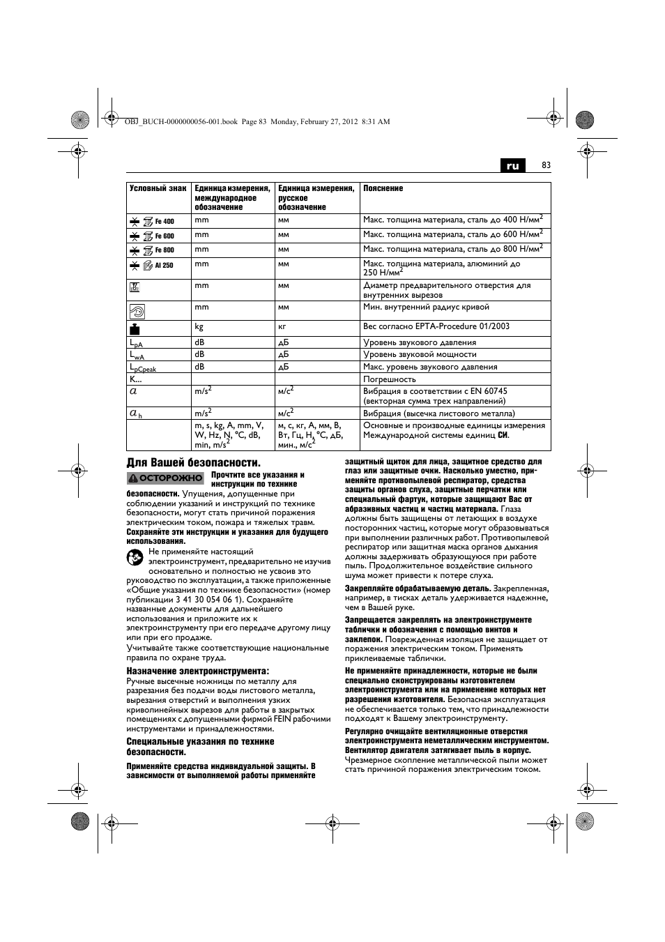 Ru для вашей безопасности | Fein ABLK 1.6 User Manual | Page 83 / 127