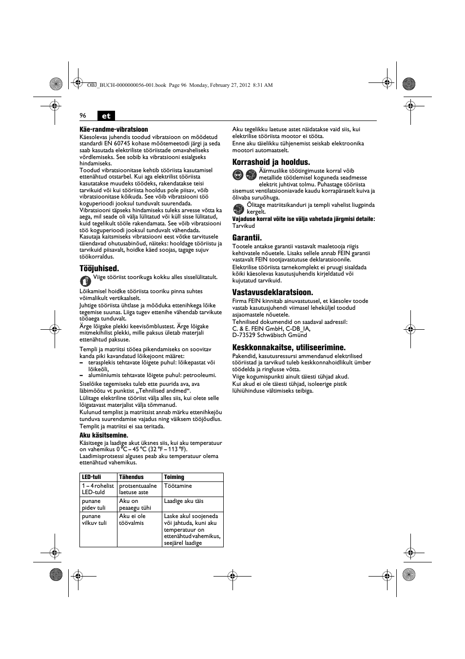 Tööjuhised, Korrashoid ja hooldus, Garantii | Vastavusdeklaratsioon, Keskkonnakaitse, utiliseerimine | Fein ABLK 1.6 User Manual | Page 96 / 127