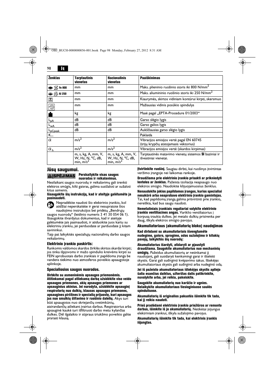 Lt jūsų saugumui | Fein ABLK 1.6 User Manual | Page 98 / 127