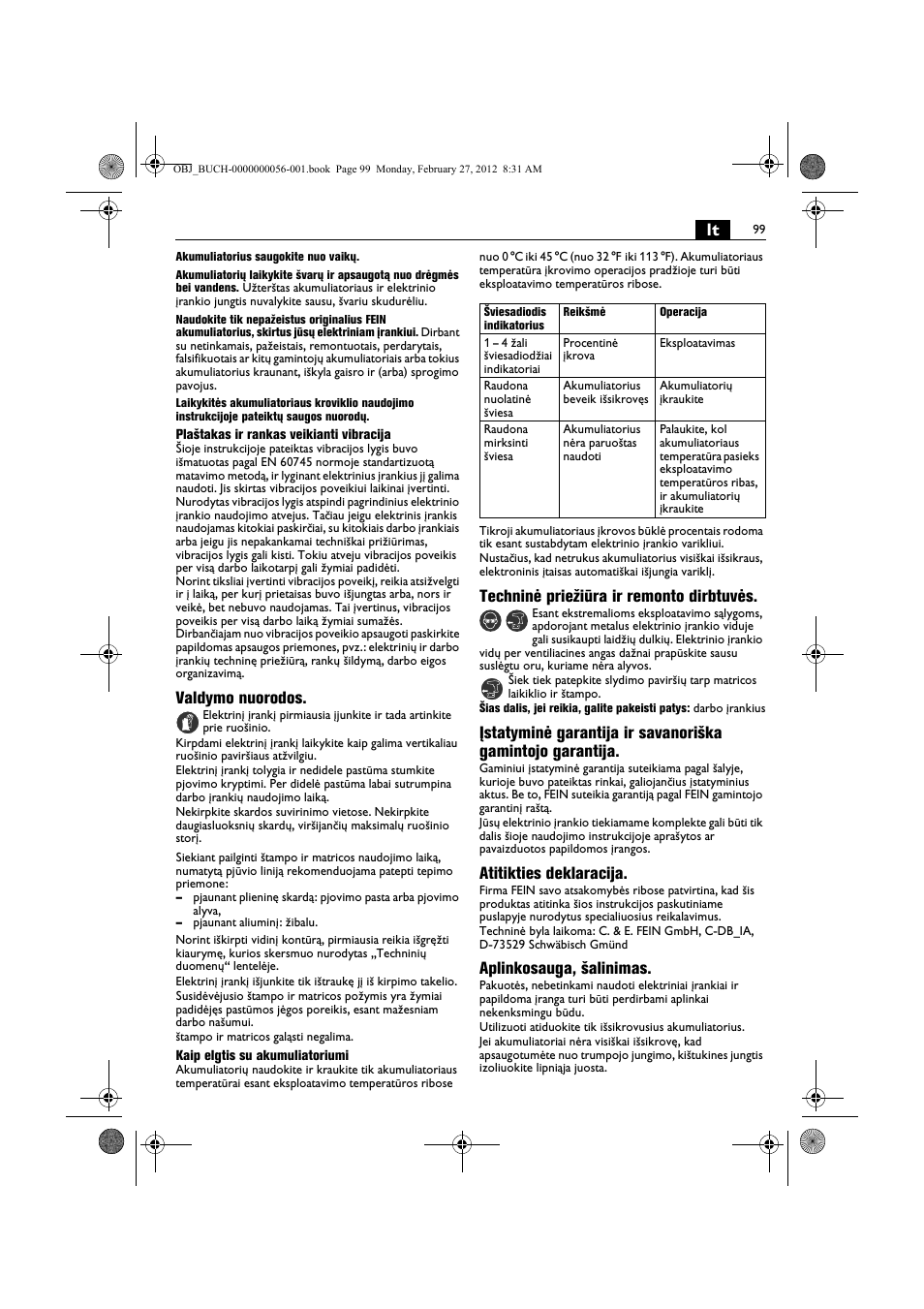 Valdymo nuorodos, Techninė priežiūra ir remonto dirbtuvės, Atitikties deklaracija | Aplinkosauga, šalinimas | Fein ABLK 1.6 User Manual | Page 99 / 127