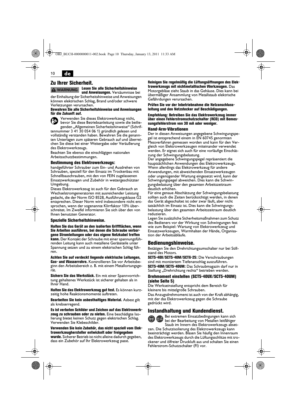 De zu ihrer sicherheit, Bedienungshinweise, Instandhaltung und kundendienst | Fein SCT5-40UX User Manual | Page 10 / 105