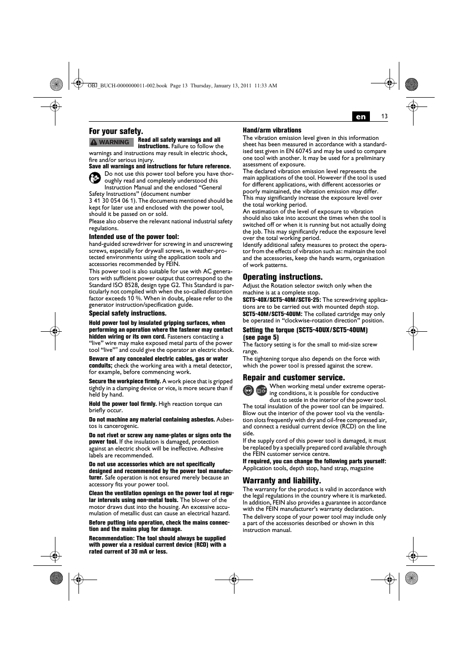 En for your safety, Operating instructions, Repair and customer service | Warranty and liability | Fein SCT5-40UX User Manual | Page 13 / 105