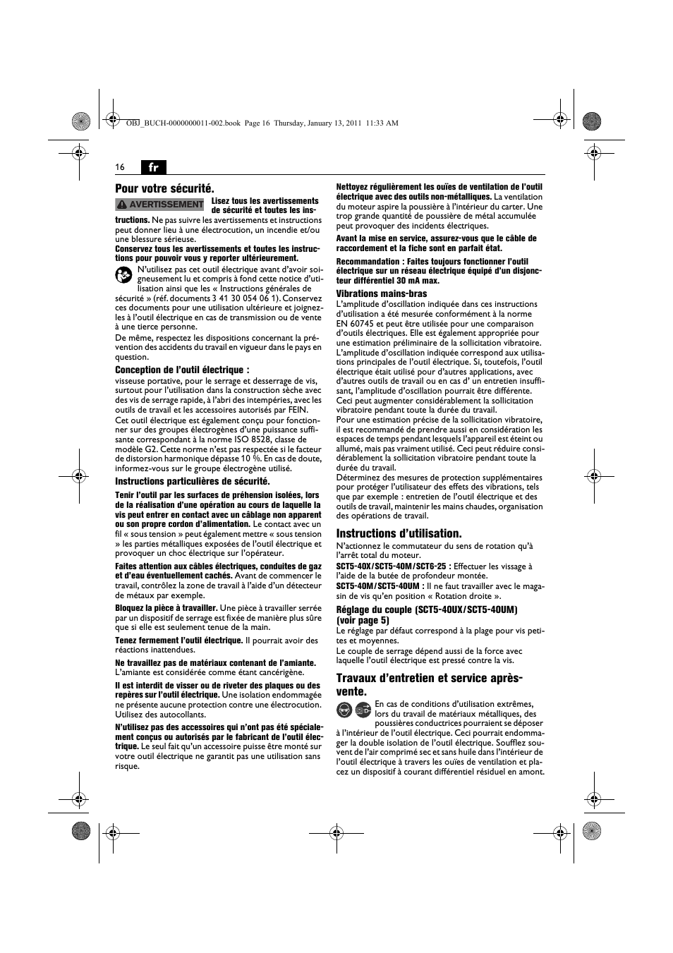 Fr pour votre sécurité, Instructions d’utilisation, Travaux d’entretien et service après- vente | Fein SCT5-40UX User Manual | Page 16 / 105
