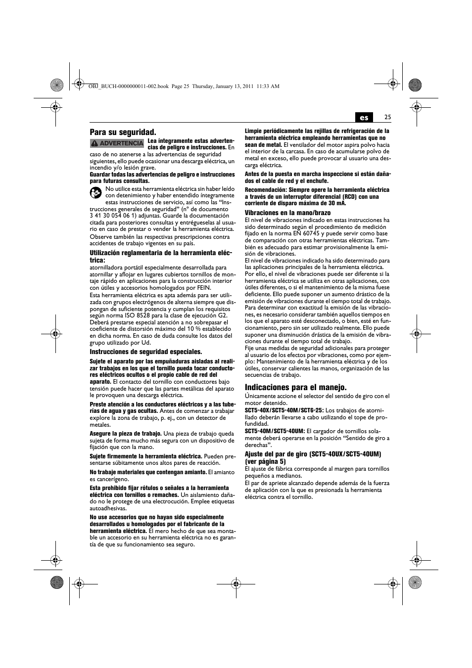 Es para su seguridad, Indicaciones para el manejo | Fein SCT5-40UX User Manual | Page 25 / 105