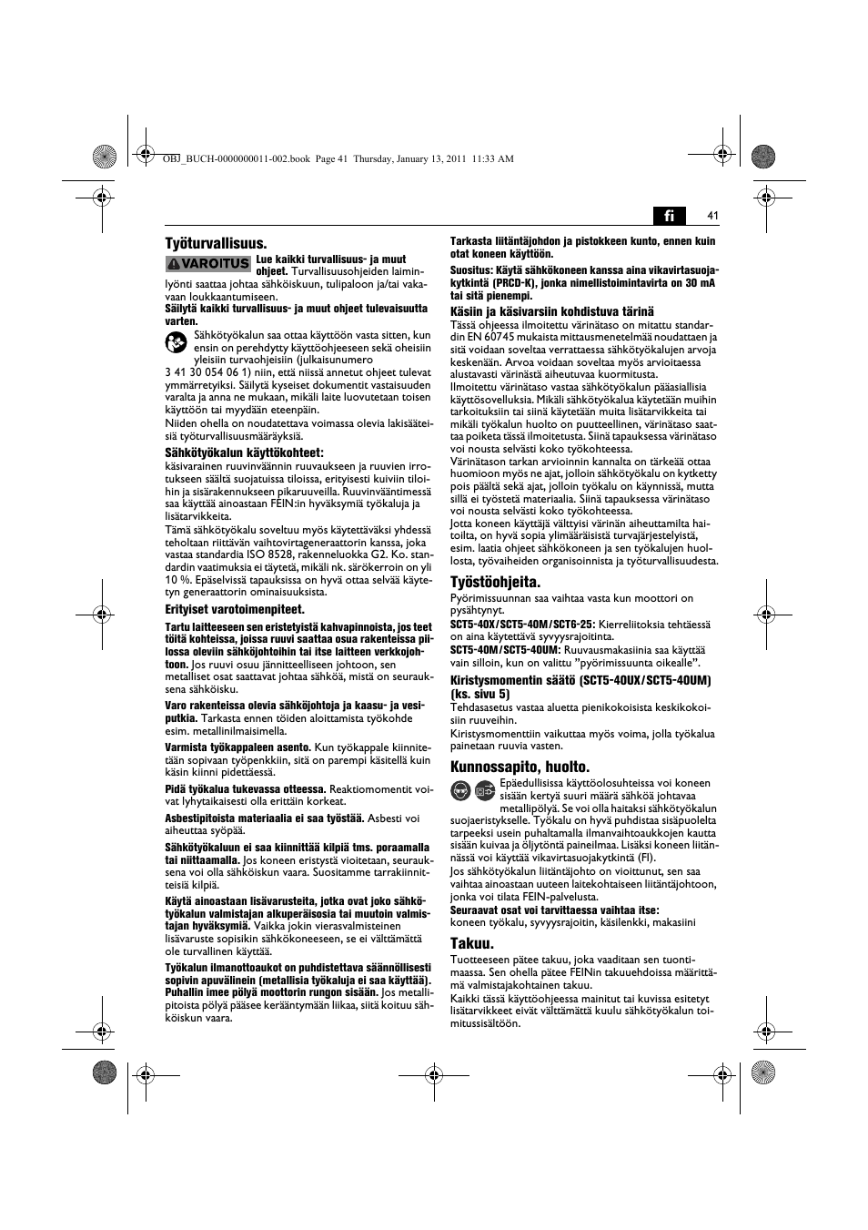 Fi työturvallisuus, Työstöohjeita, Kunnossapito, huolto | Takuu | Fein SCT5-40UX User Manual | Page 41 / 105