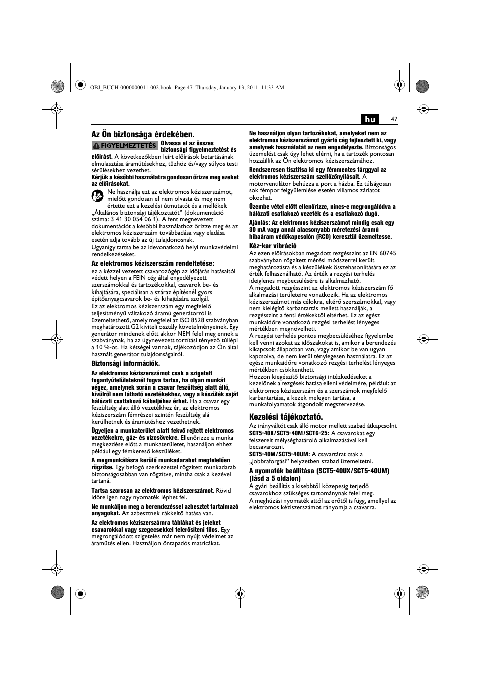 Hu az ön biztonsága érdekében, Kezelési tájékoztató | Fein SCT5-40UX User Manual | Page 47 / 105