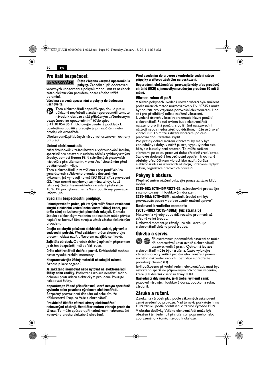 Cs pro vaši bezpečnost, Pokyny k obsluze, Údržba a servis | Záruka a ručení | Fein SCT5-40UX User Manual | Page 50 / 105