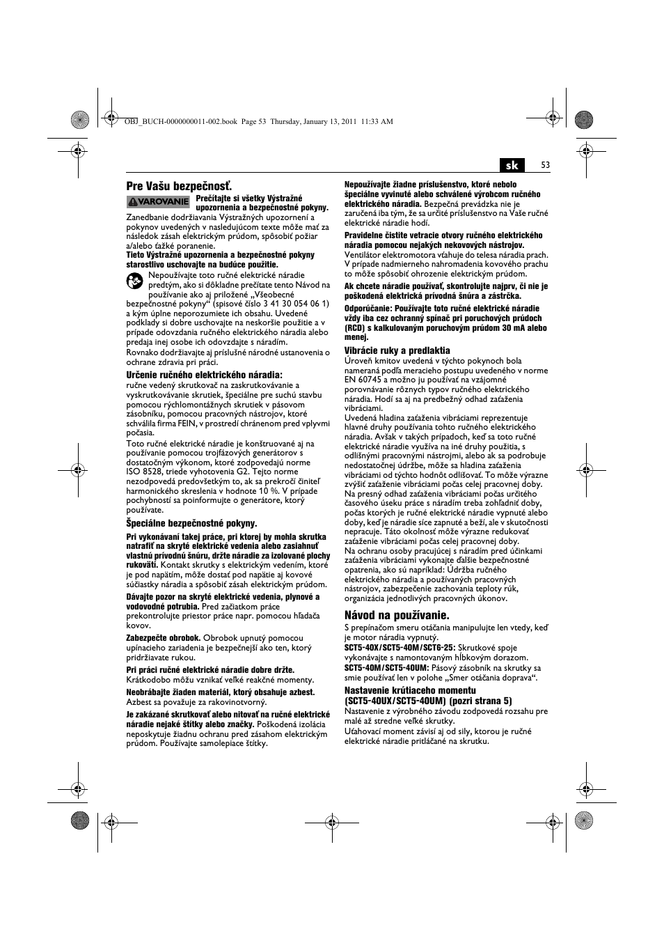 Sk pre vašu bezpečnosť, Návod na používanie | Fein SCT5-40UX User Manual | Page 53 / 105