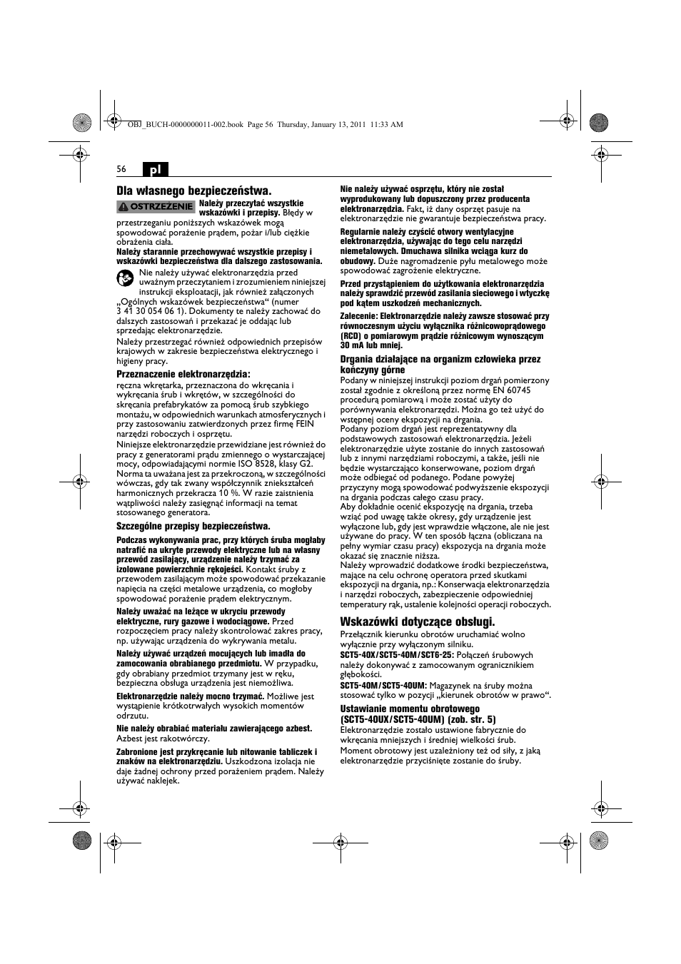Pl dla własnego bezpieczeństwa, Wskazówki dotyczące obsługi | Fein SCT5-40UX User Manual | Page 56 / 105