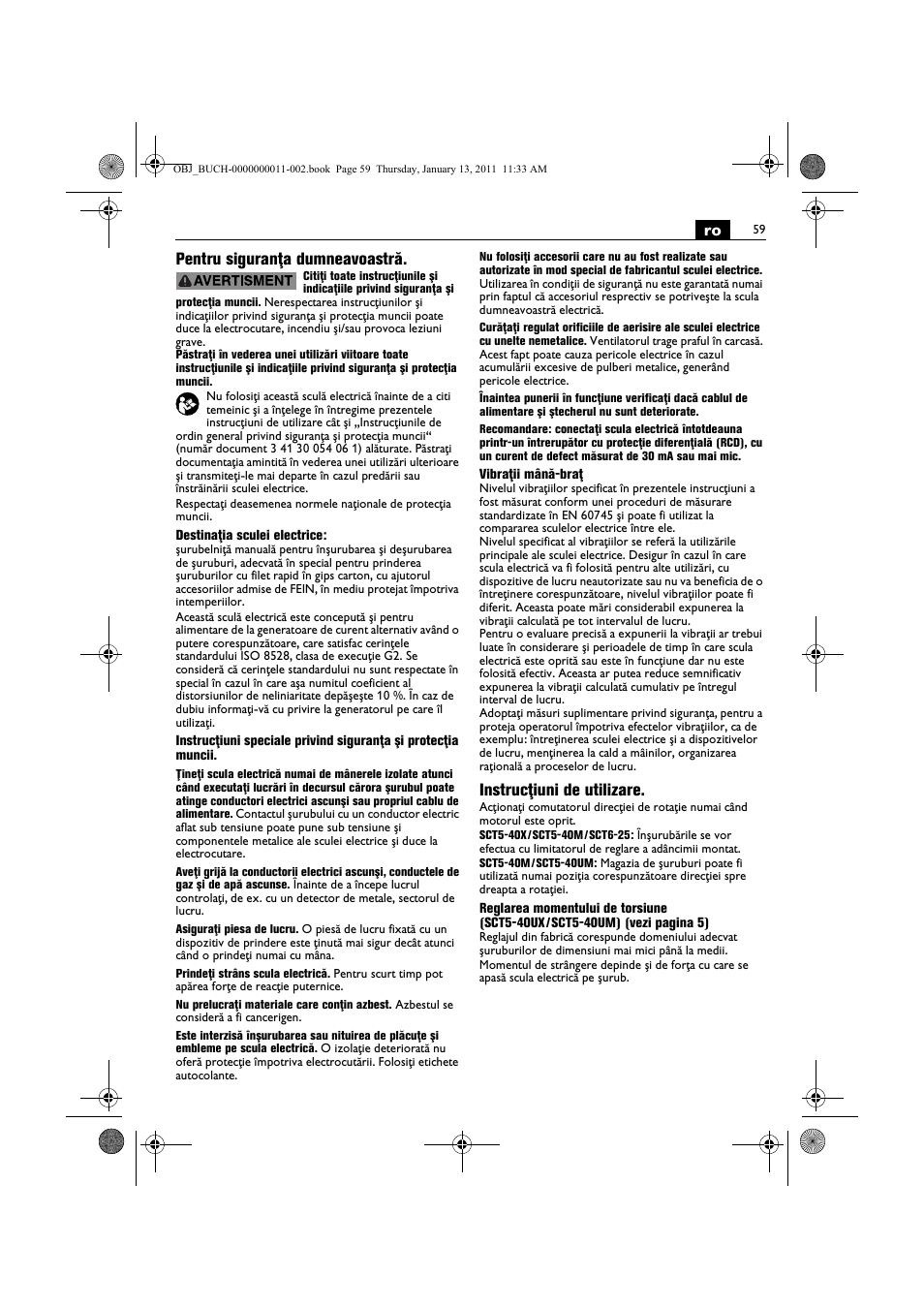 Ro pentru siguranţa dumneavoastră, Instrucţiuni de utilizare | Fein SCT5-40UX User Manual | Page 59 / 105