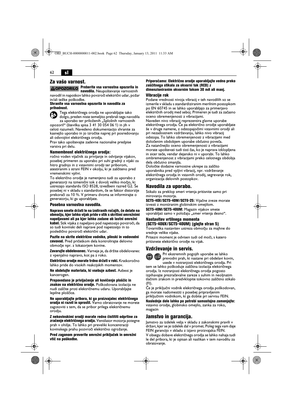 Sl za vašo varnost, Navodila za uporabo, Vzdrževanje in servis | Jamstvo in garancija | Fein SCT5-40UX User Manual | Page 62 / 105