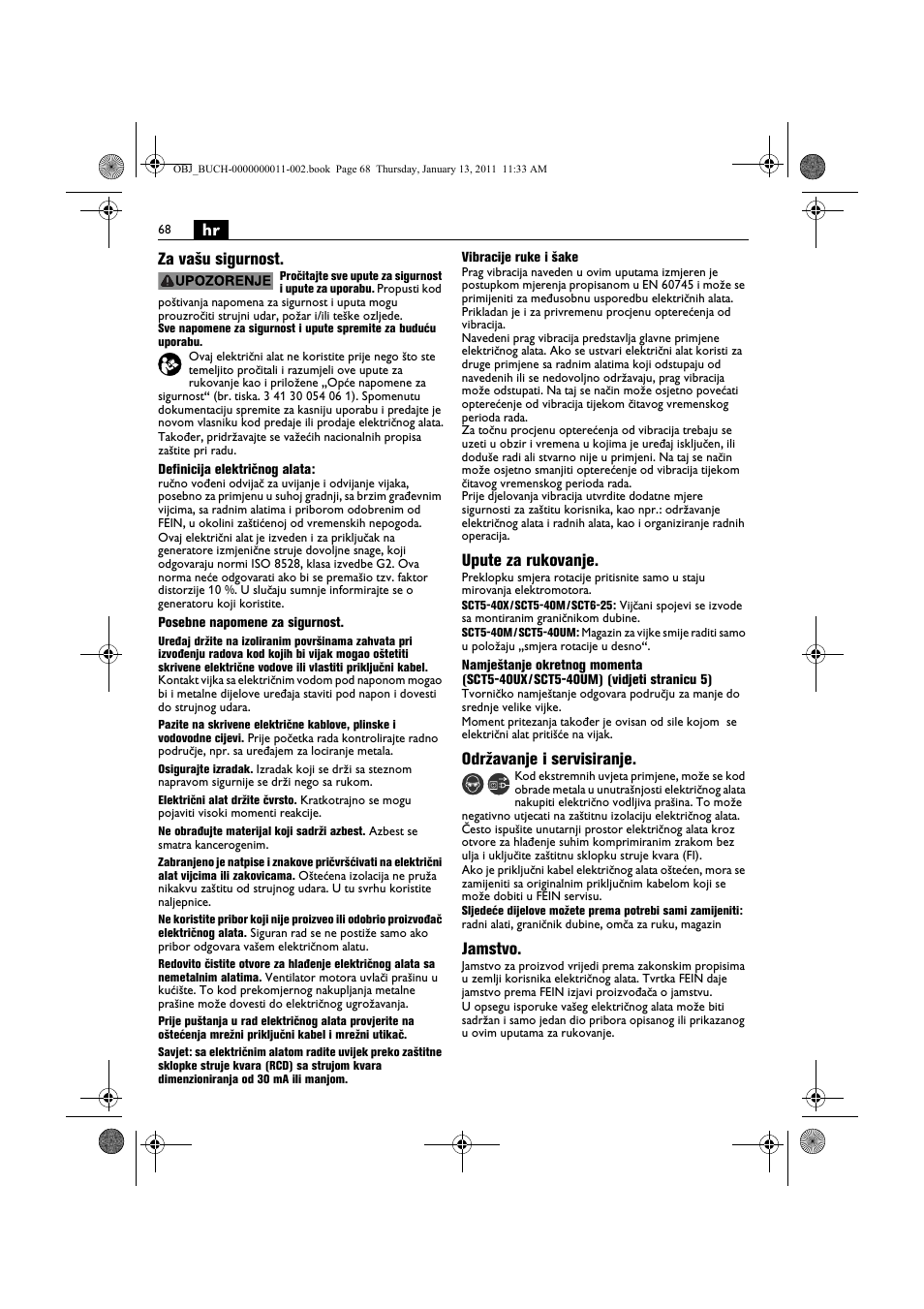 Hr za vašu sigurnost, Upute za rukovanje, Održavanje i servisiranje | Jamstvo | Fein SCT5-40UX User Manual | Page 68 / 105