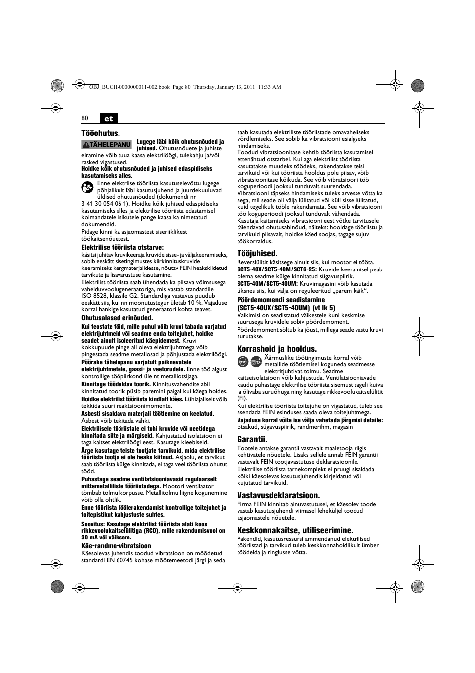 Et tööohutus, Tööjuhised, Korrashoid ja hooldus | Garantii, Vastavusdeklaratsioon, Keskkonnakaitse, utiliseerimine | Fein SCT5-40UX User Manual | Page 80 / 105