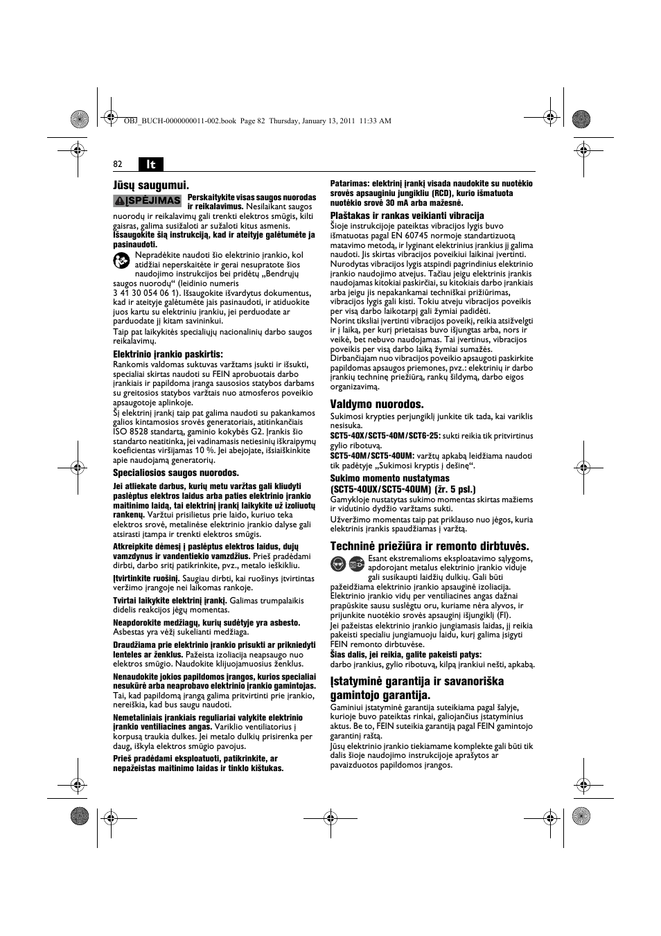 Lt jūsų saugumui, Valdymo nuorodos, Techninė priežiūra ir remonto dirbtuvės | Fein SCT5-40UX User Manual | Page 82 / 105