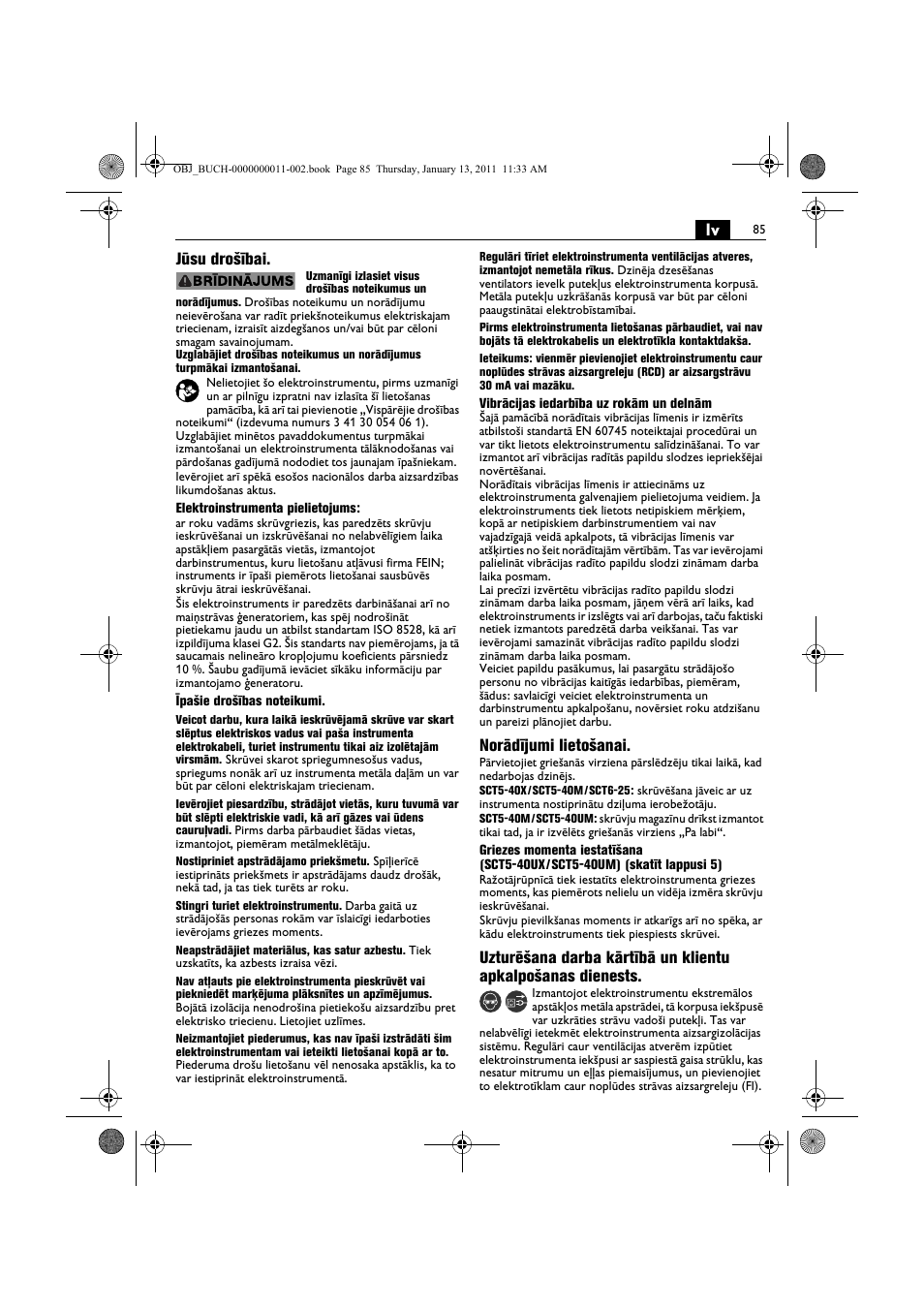 Lv jūsu drošībai, Norādījumi lietošanai | Fein SCT5-40UX User Manual | Page 85 / 105