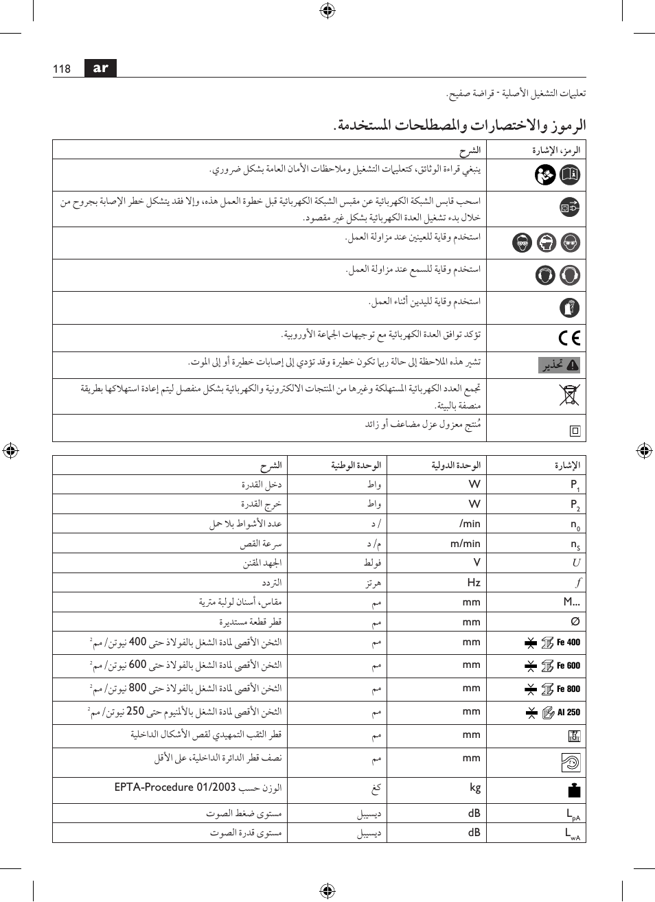 ةمدختسلما تاحلطصلماو تاراصتخلااو زومرلا | Fein BLK5.0 User Manual | Page 118 / 118