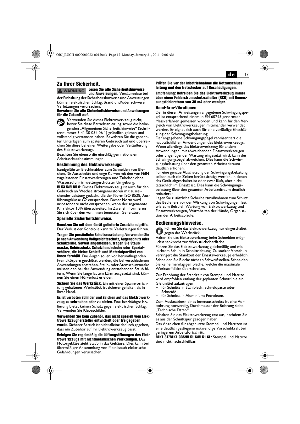 De zu ihrer sicherheit, Bedienungshinweise | Fein BLK5.0 User Manual | Page 17 / 118