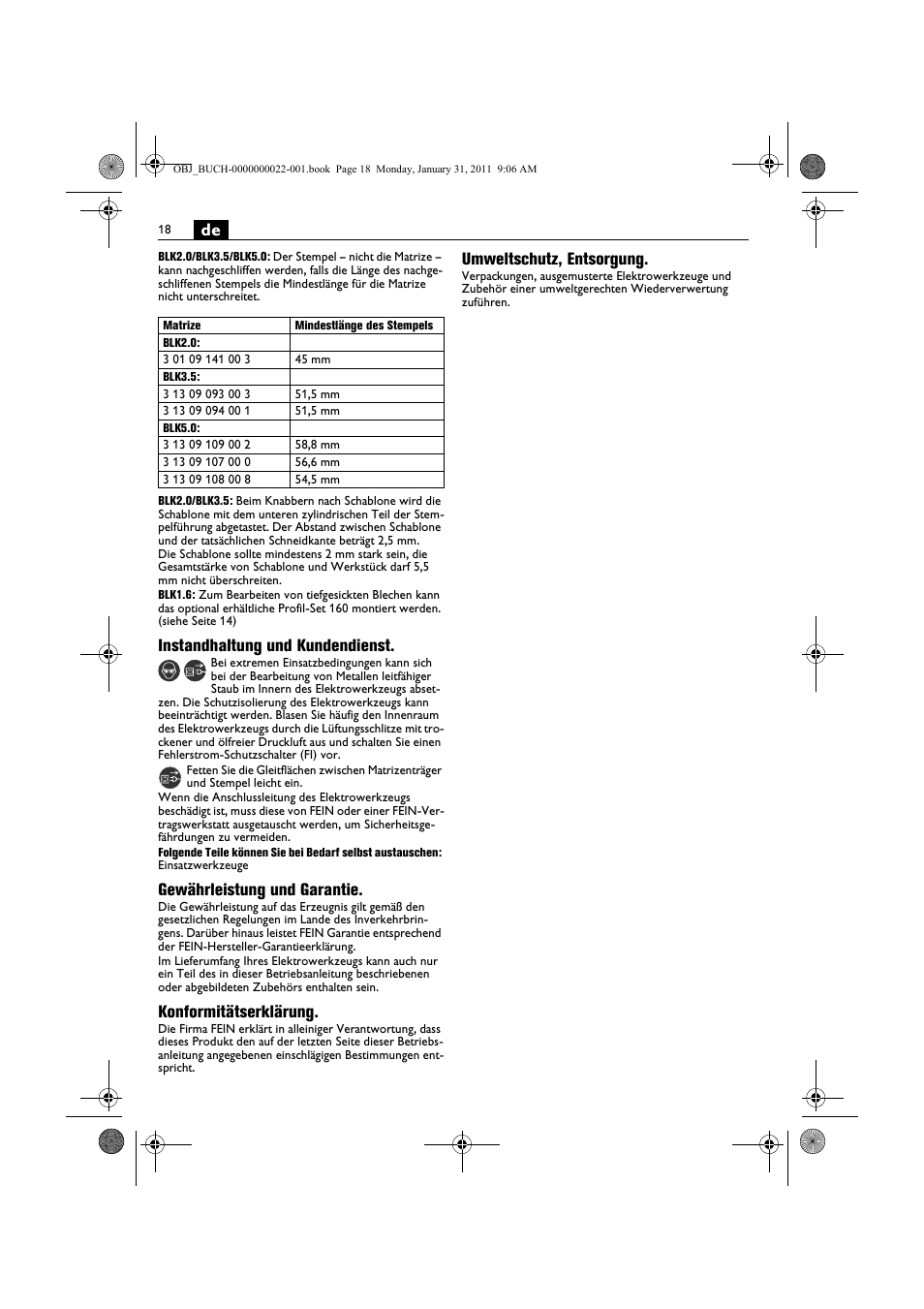 Instandhaltung und kundendienst, Gewährleistung und garantie, Konformitätserklärung | Umweltschutz, entsorgung | Fein BLK5.0 User Manual | Page 18 / 118