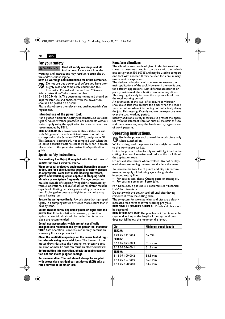 En for your safety, Operating instructions | Fein BLK5.0 User Manual | Page 20 / 118
