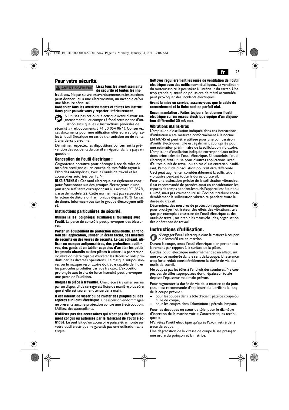 Fr pour votre sécurité, Instructions d’utilisation | Fein BLK5.0 User Manual | Page 23 / 118