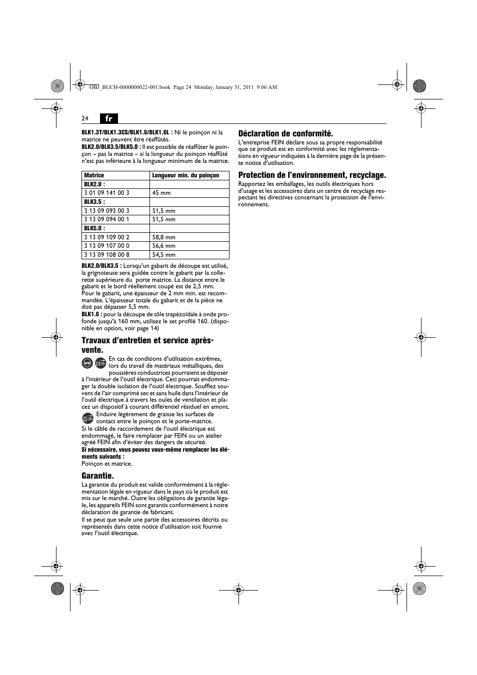 Travaux d’entretien et service après- vente, Garantie, Déclaration de conformité | Protection de l’environnement, recyclage | Fein BLK5.0 User Manual | Page 24 / 118