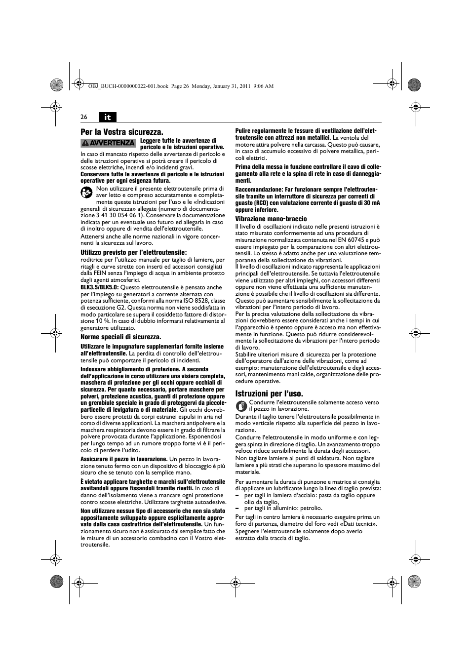 It per la vostra sicurezza, Istruzioni per l’uso | Fein BLK5.0 User Manual | Page 26 / 118