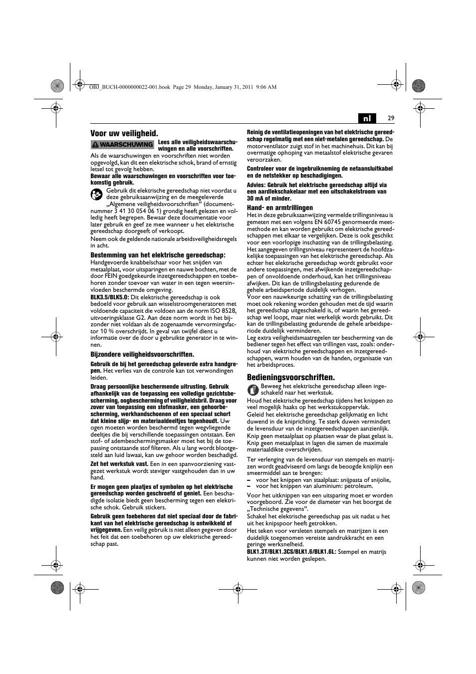 Nl voor uw veiligheid, Bedieningsvoorschriften | Fein BLK5.0 User Manual | Page 29 / 118