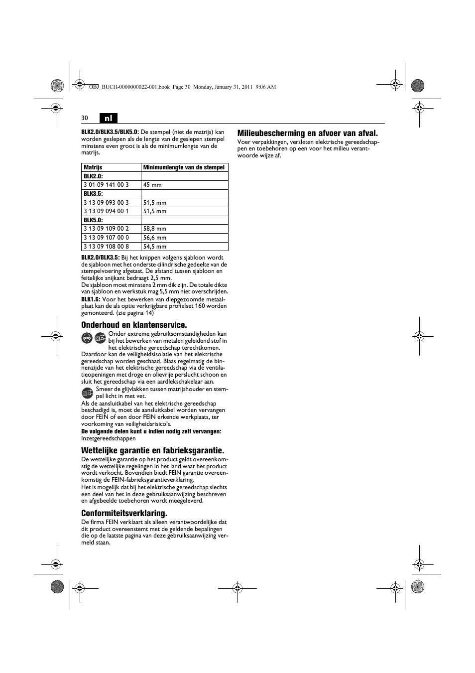 Onderhoud en klantenservice, Wettelijke garantie en fabrieksgarantie, Conformiteitsverklaring | Milieubescherming en afvoer van afval | Fein BLK5.0 User Manual | Page 30 / 118