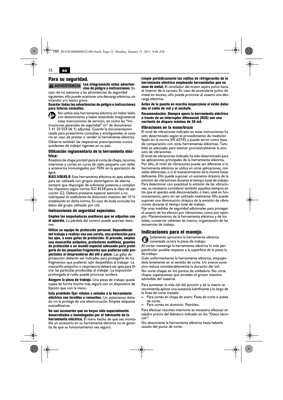 Es para su seguridad, Indicaciones para el manejo | Fein BLK5.0 User Manual | Page 32 / 118