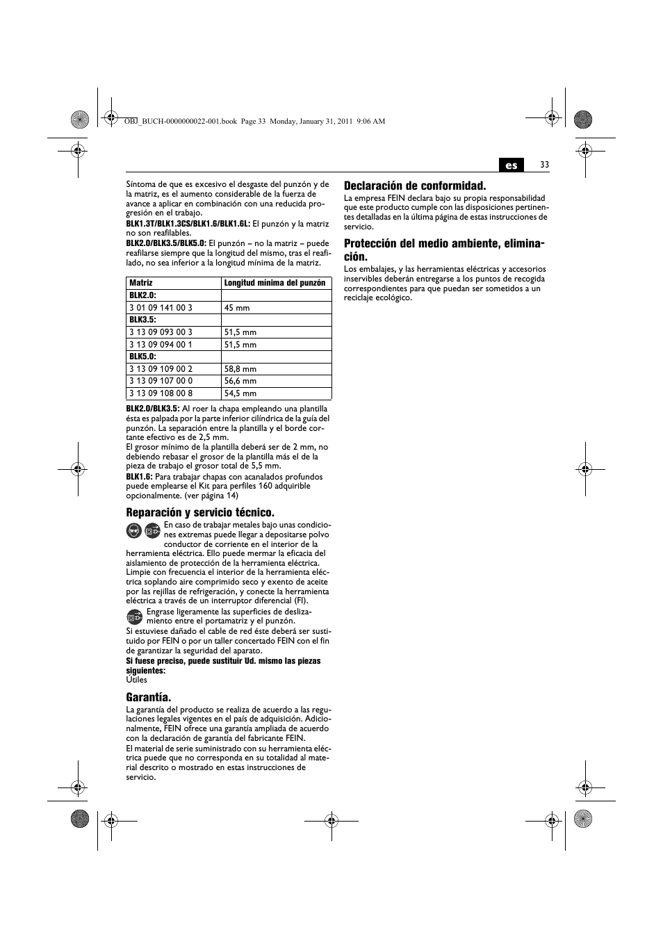 Reparación y servicio técnico, Garantía, Declaración de conformidad | Protección del medio ambiente, elimina- ción | Fein BLK5.0 User Manual | Page 33 / 118