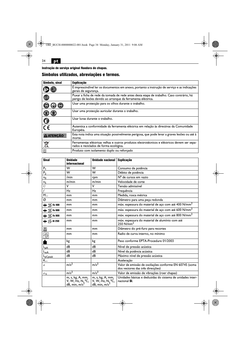 Símbolos utilizados, abreviações e termos | Fein BLK5.0 User Manual | Page 34 / 118
