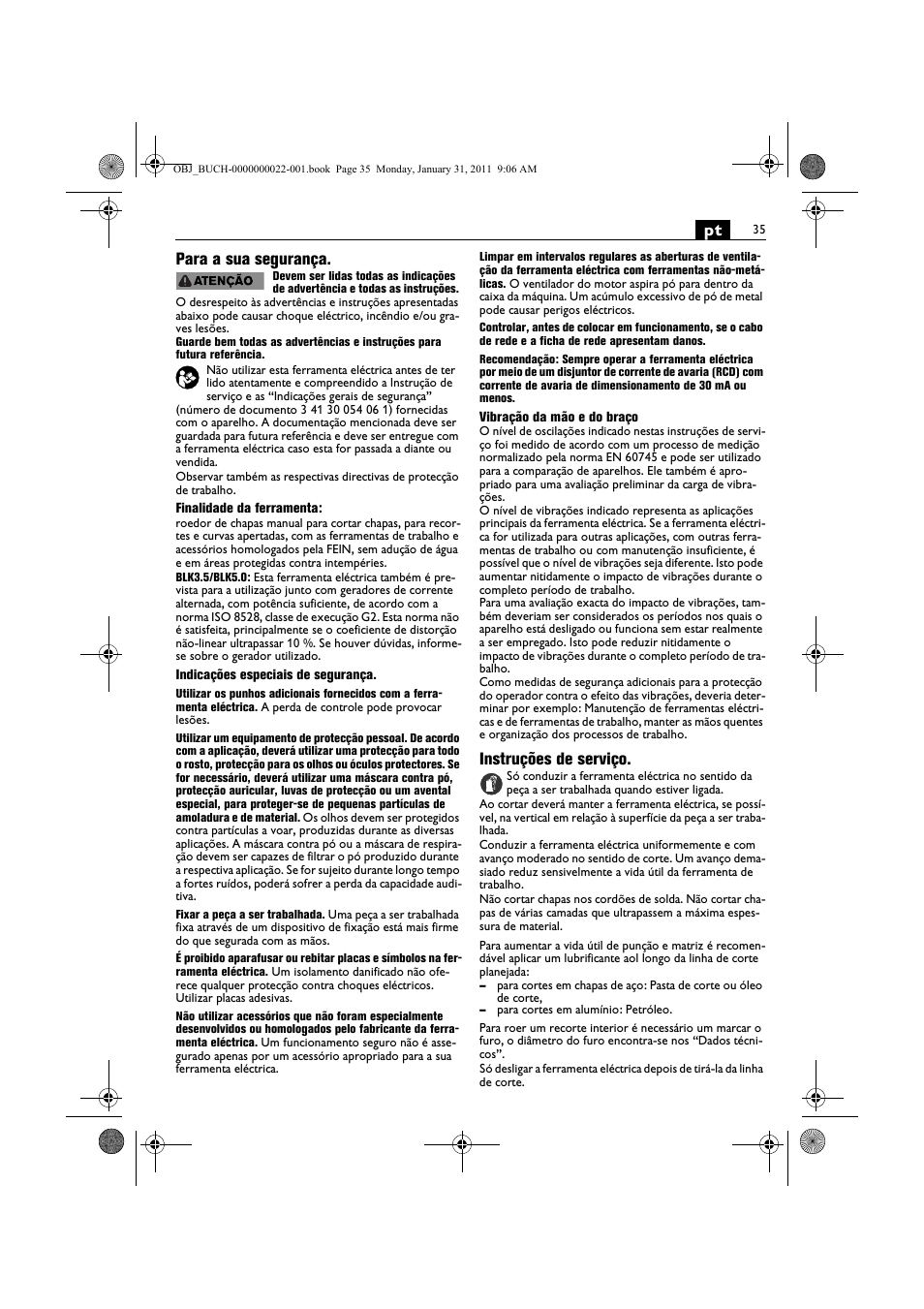 Pt para a sua segurança, Instruções de serviço | Fein BLK5.0 User Manual | Page 35 / 118