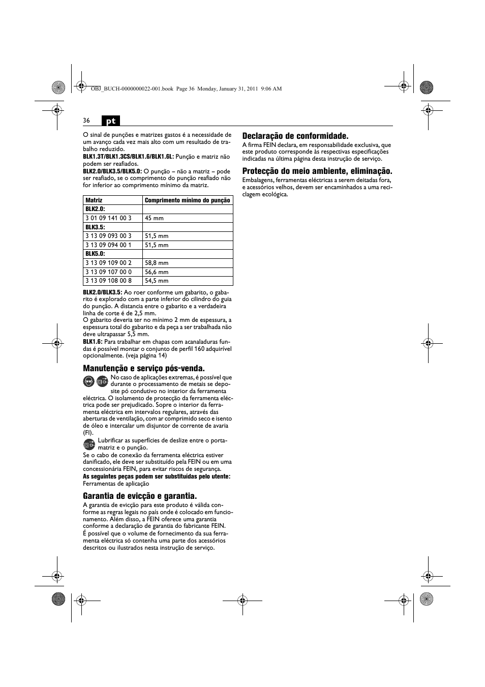 Manutenção e serviço pós-venda, Garantia de evicção e garantia, Declaração de conformidade | Protecção do meio ambiente, eliminação | Fein BLK5.0 User Manual | Page 36 / 118