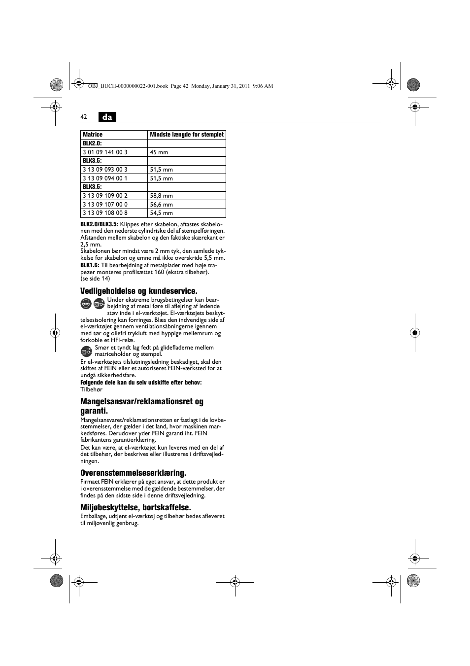 Vedligeholdelse og kundeservice, Mangelsansvar/reklamationsret og garanti, Overensstemmelseserklæring | Miljøbeskyttelse, bortskaffelse | Fein BLK5.0 User Manual | Page 42 / 118