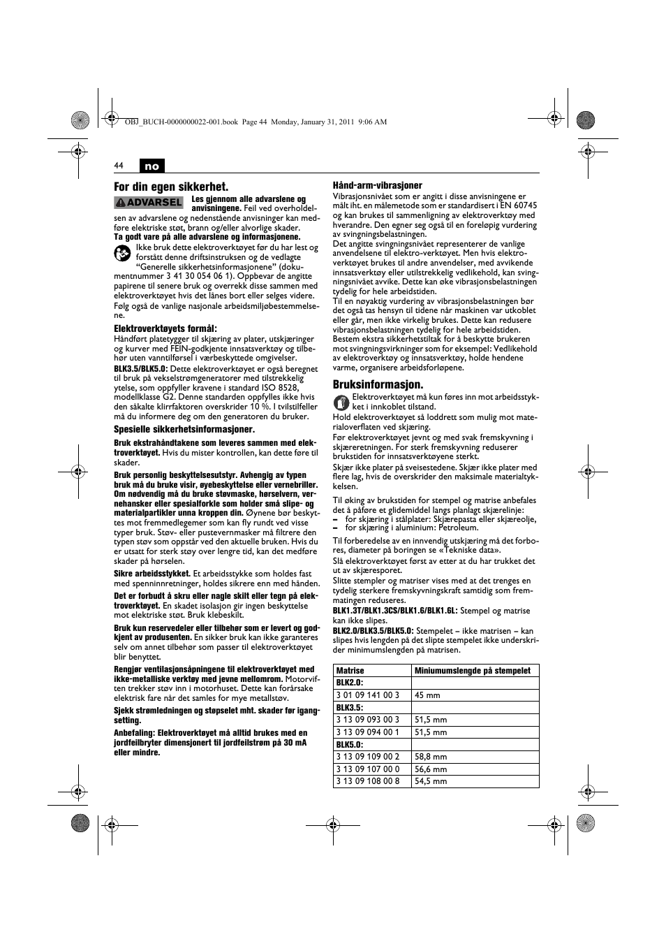 No for din egen sikkerhet, Bruksinformasjon | Fein BLK5.0 User Manual | Page 44 / 118