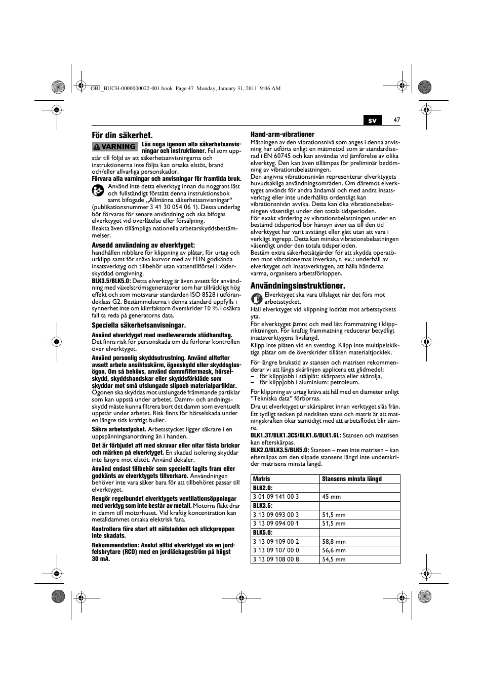 Sv för din säkerhet, Användningsinstruktioner | Fein BLK5.0 User Manual | Page 47 / 118