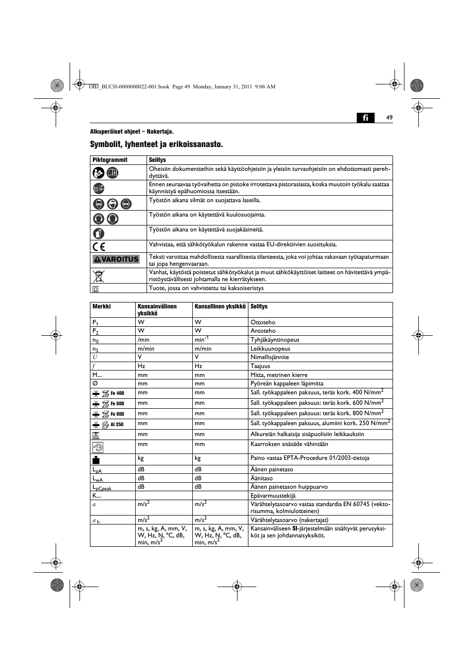 Symbolit, lyhenteet ja erikoissanasto | Fein BLK5.0 User Manual | Page 49 / 118