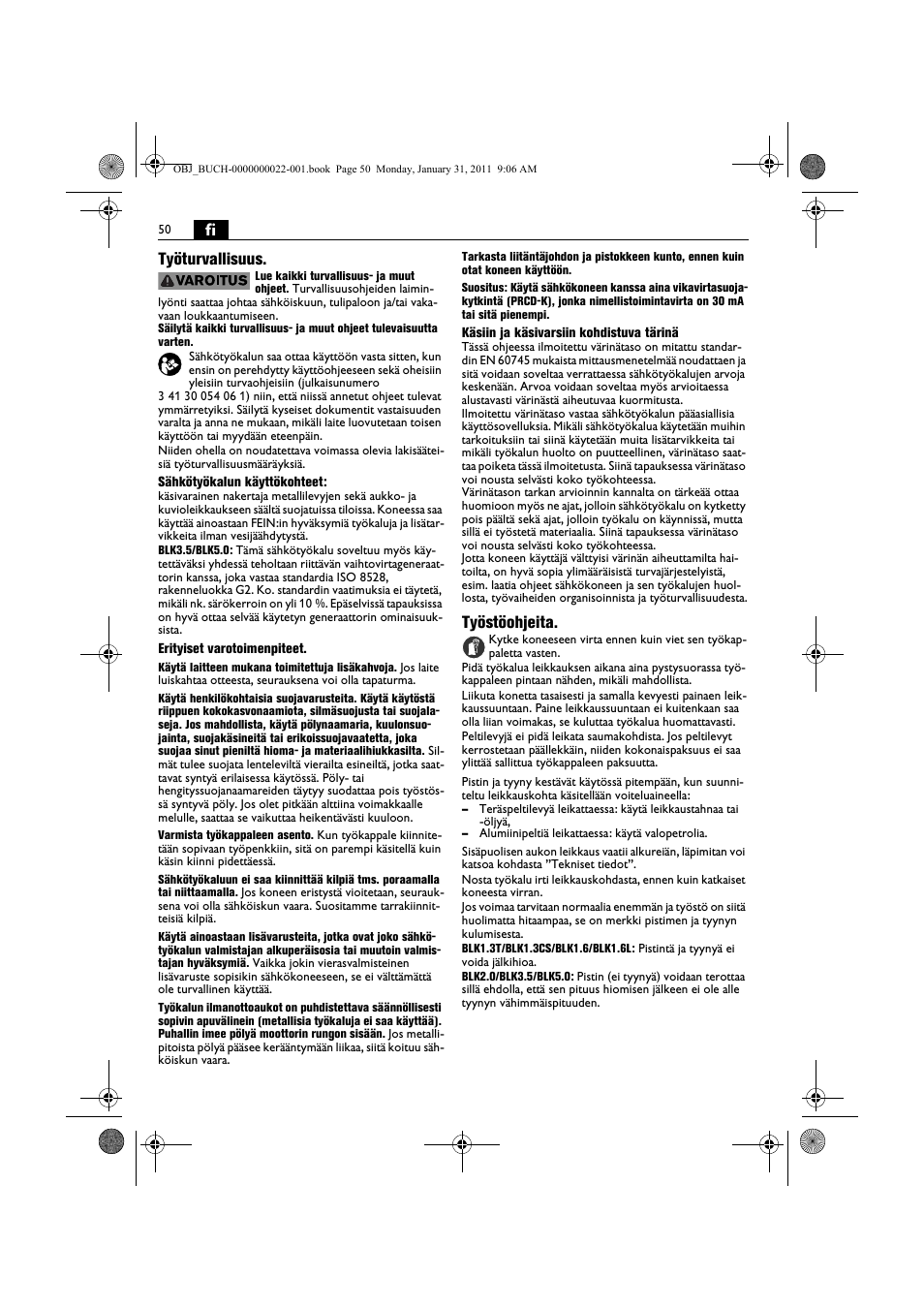 Fi työturvallisuus, Työstöohjeita | Fein BLK5.0 User Manual | Page 50 / 118