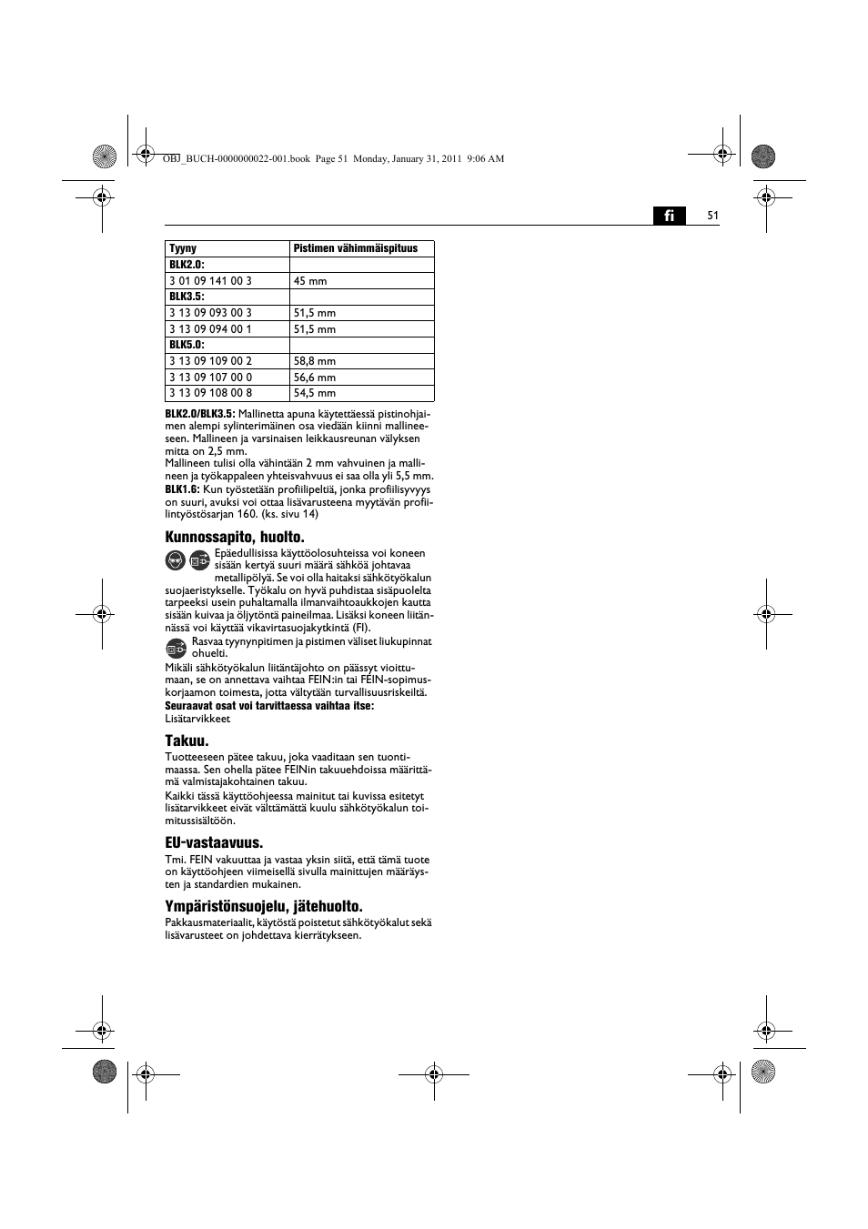 Kunnossapito, huolto, Takuu, Eu-vastaavuus | Ympäristönsuojelu, jätehuolto | Fein BLK5.0 User Manual | Page 51 / 118