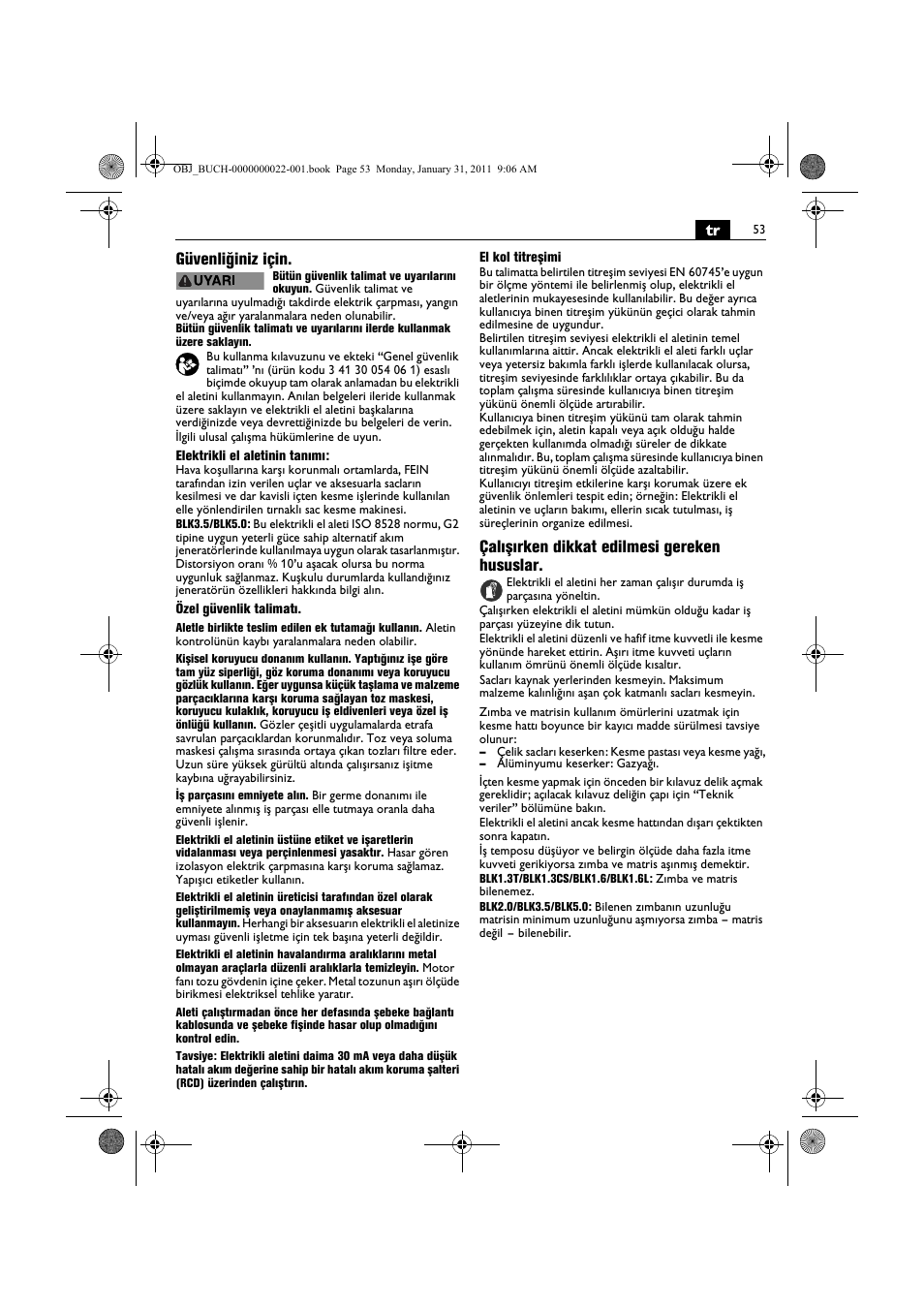 Tr güvenliğiniz için, Çalışırken dikkat edilmesi gereken hususlar | Fein BLK5.0 User Manual | Page 53 / 118