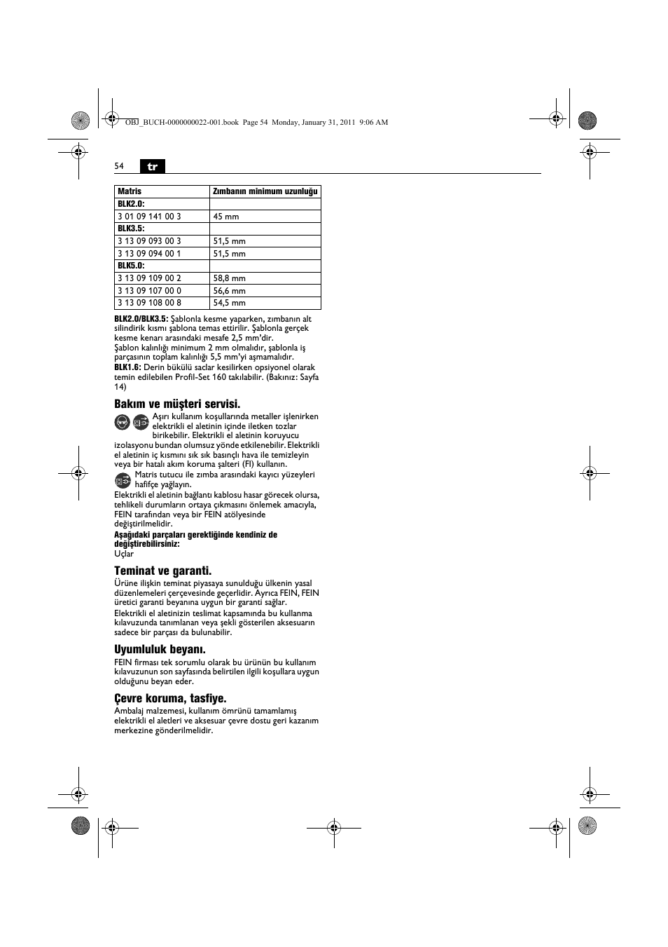 Bakım ve müşteri servisi, Teminat ve garanti, Uyumluluk beyanı | Çevre koruma, tasfiye | Fein BLK5.0 User Manual | Page 54 / 118