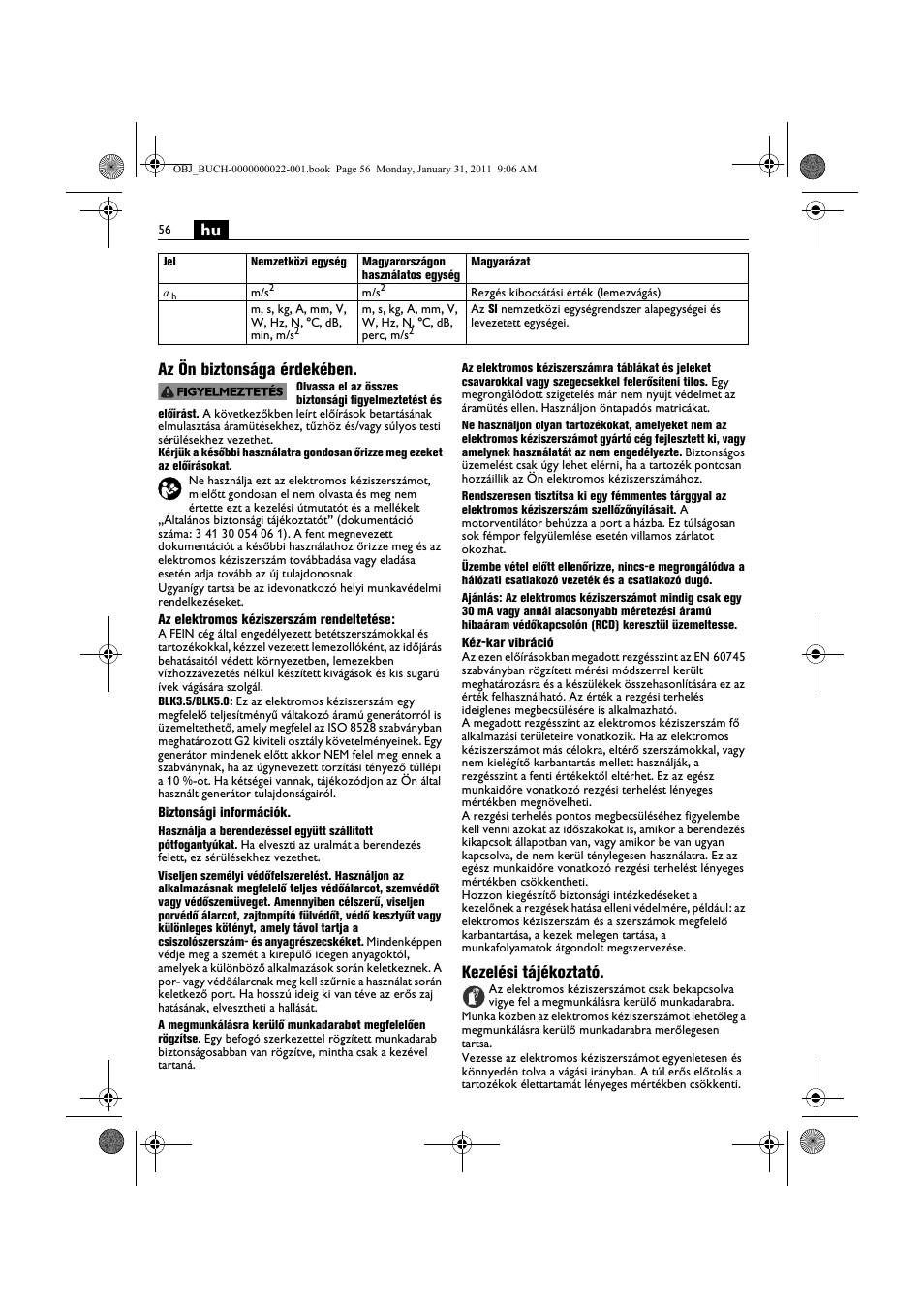 Hu az ön biztonsága érdekében, Kezelési tájékoztató | Fein BLK5.0 User Manual | Page 56 / 118