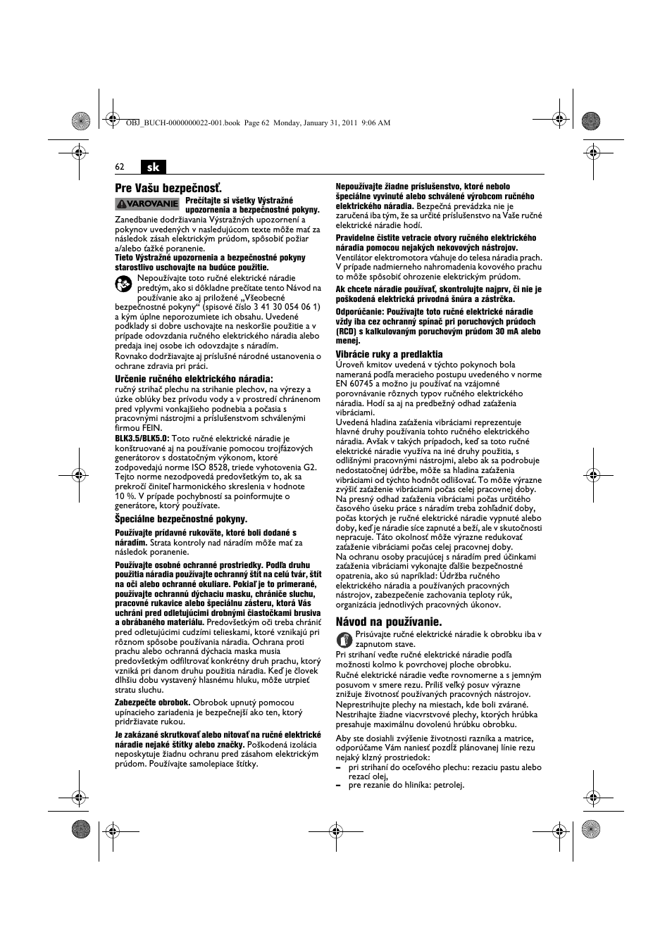 Sk pre vašu bezpečnosť, Návod na používanie | Fein BLK5.0 User Manual | Page 62 / 118