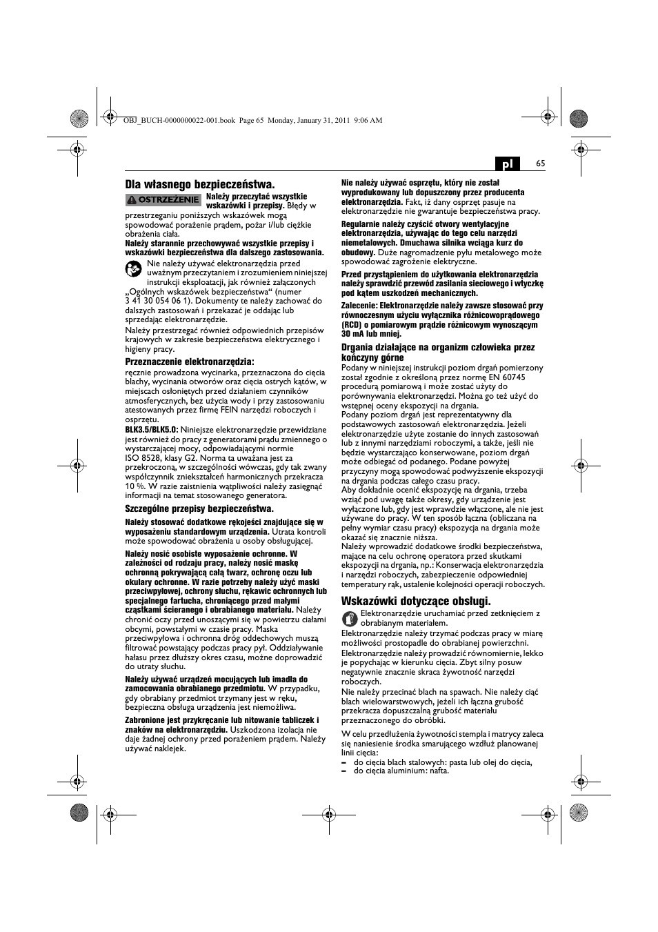 Pl dla własnego bezpieczeństwa, Wskazówki dotyczące obsługi | Fein BLK5.0 User Manual | Page 65 / 118