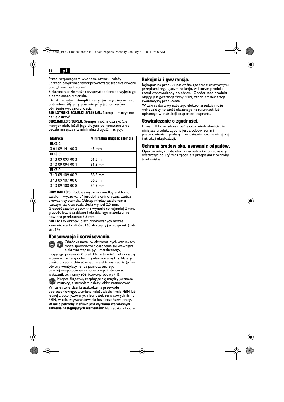 Konserwacja i serwisowanie, Rękojmia i gwarancja, Oświadczenie o zgodności | Ochrona środowiska, usuwanie odpadów | Fein BLK5.0 User Manual | Page 66 / 118