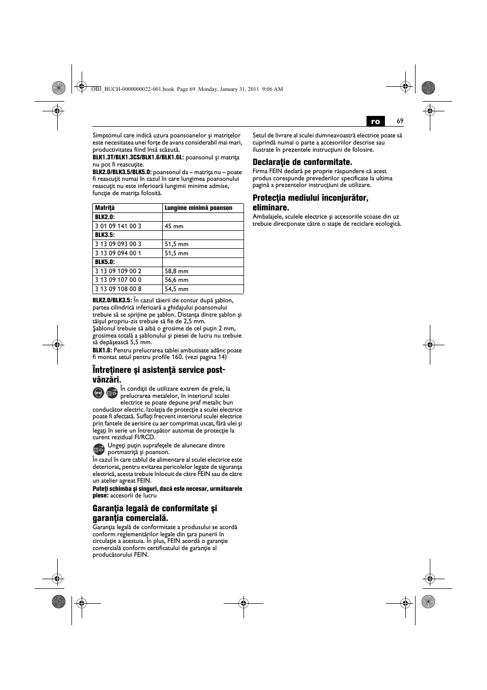 Întreţinere şi asistenţă service post- vânzări, Declaraţie de conformitate, Protecţia mediului înconjurător, eliminare | Fein BLK5.0 User Manual | Page 69 / 118