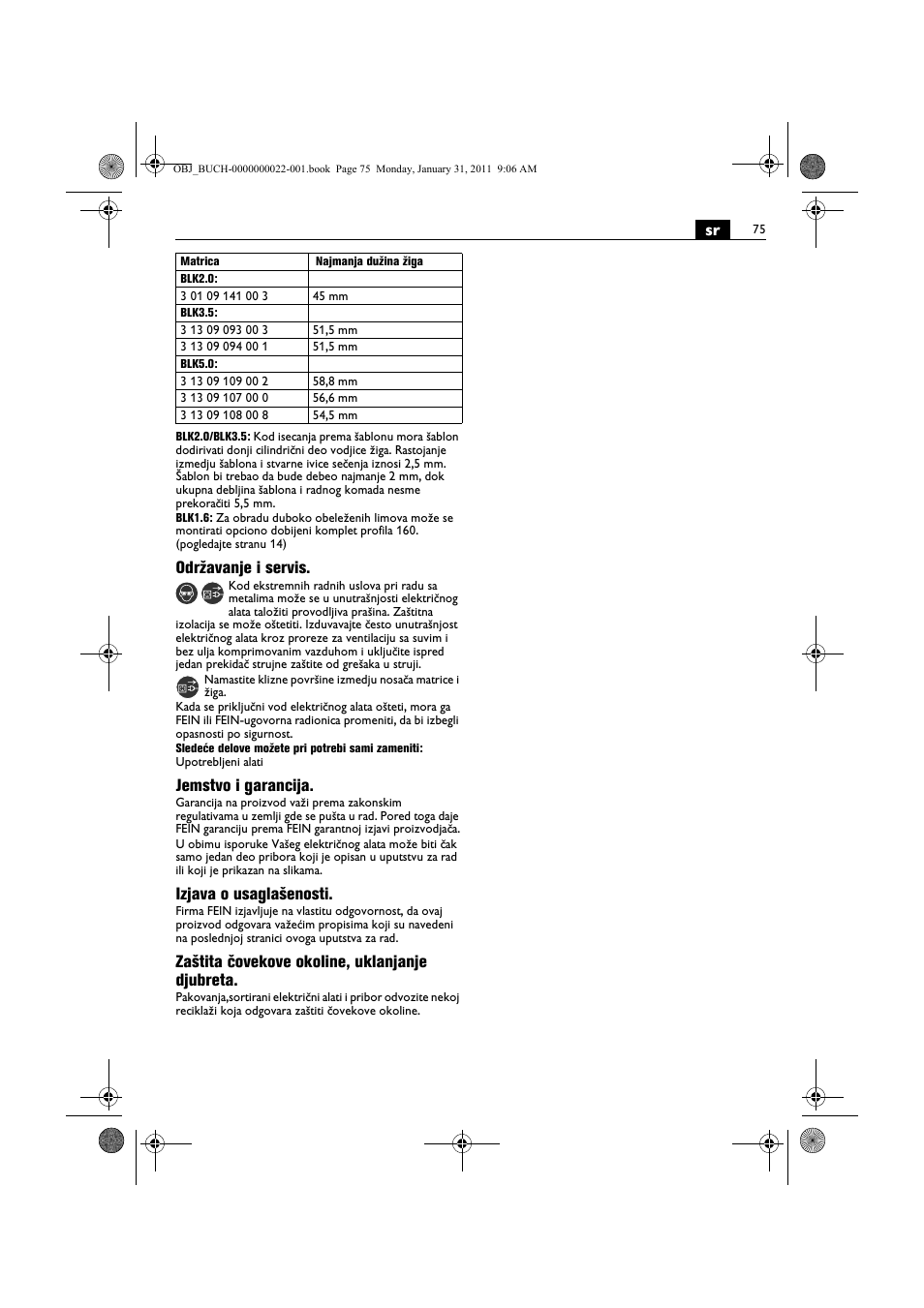 Održavanje i servis, Jemstvo i garancija, Izjava o usaglašenosti | Zaštita čovekove okoline, uklanjanje djubreta | Fein BLK5.0 User Manual | Page 75 / 118