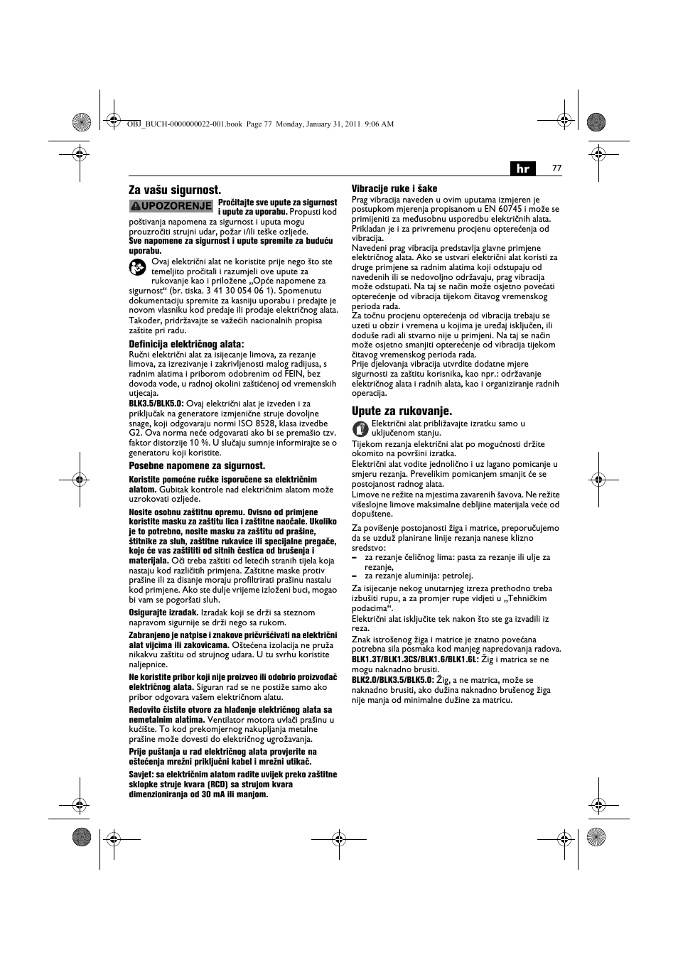 Hr za vašu sigurnost, Upute za rukovanje | Fein BLK5.0 User Manual | Page 77 / 118